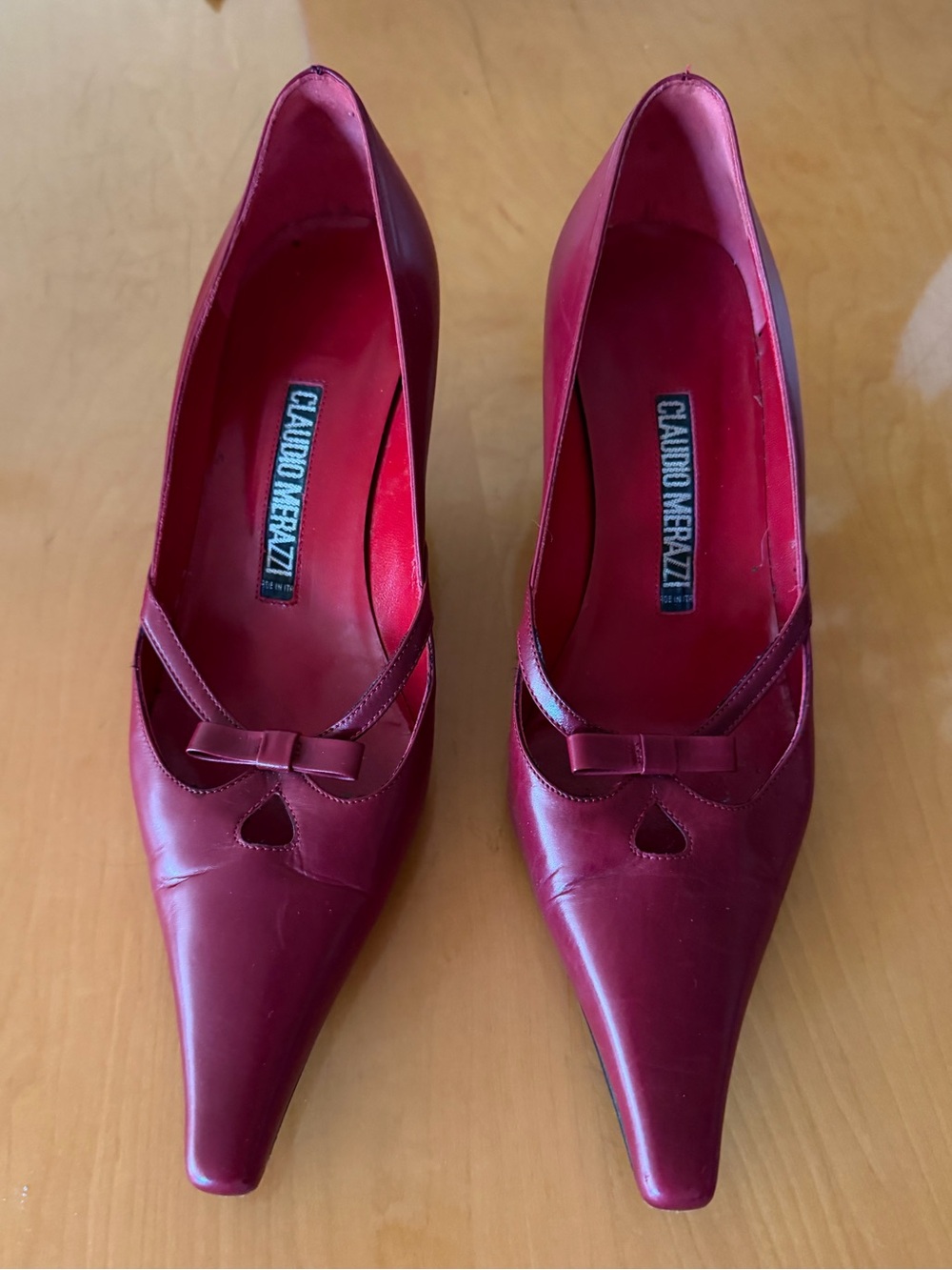 Claudio Merazzi Burgundy Pointed-Toe Bow Pumps